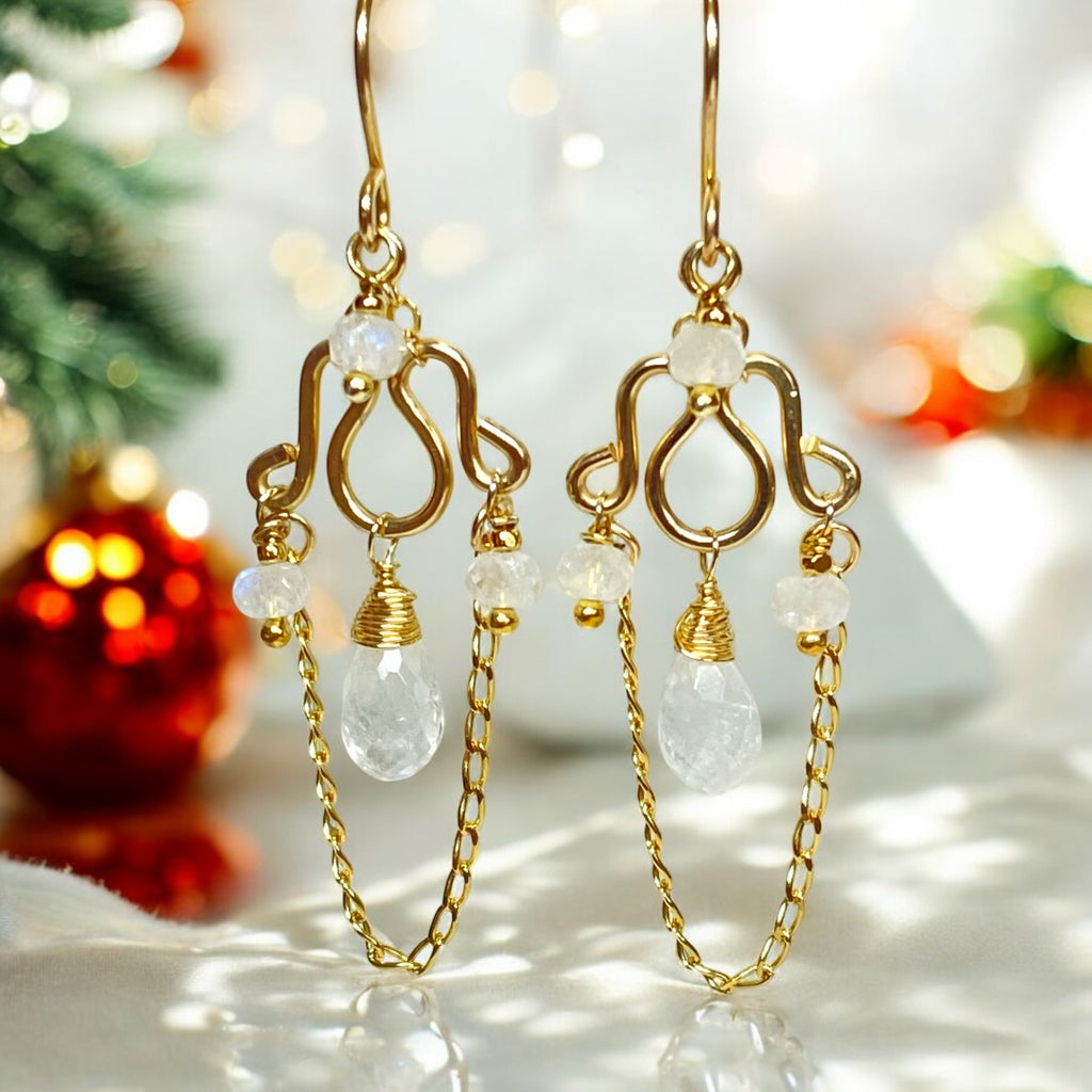 Rainbow Moonstone Petite Chandelier Earrings Gold Fill