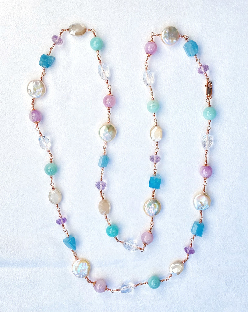Long Multi Gemstone Pearl Necklace Aquamarine Amethyst Kunzite Rose Gold Fill - Doolittle