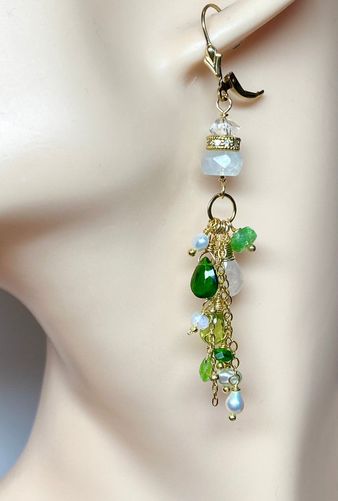 Green Gemstone Boho Dangle Earrings Peridot Chrome Diopside Tsavorite Gold 3