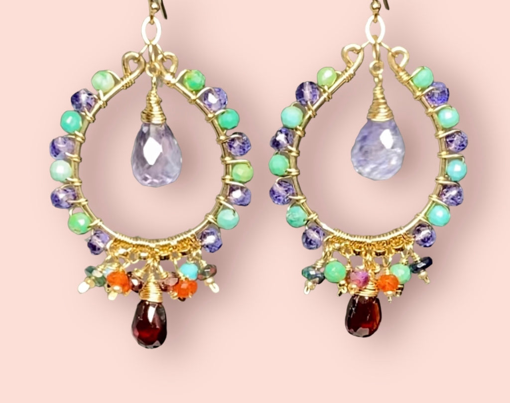 Gold Hoop Chandelier Earrings Iolite, Turquoise, Garnet, Opal