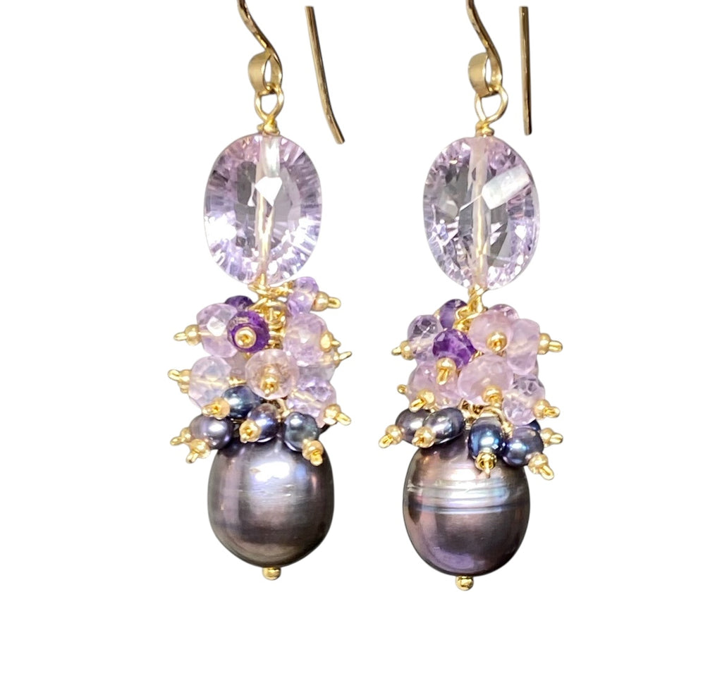 Amethyst Cluster Peacock Baroque Pearl Earrings Gold