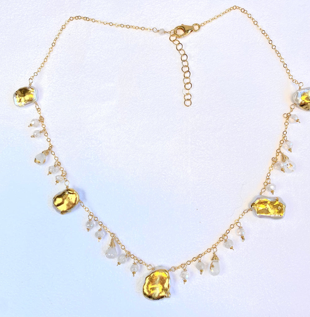 Keishi Pearl 24kt Gold Leaf Boho Dangle Necklace with Rainbow Moonstone