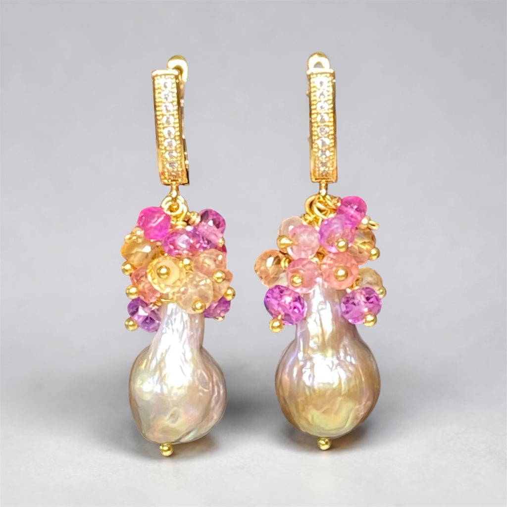 Baroque Flameball Gold Silver Pearl Earrings with Padparadscha Sapphire Clusters Gold Fill - Doolittle
