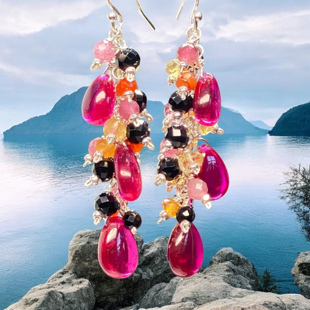 Rubellite Multi Gemstone Long Dangle Earrings Sterling Silver