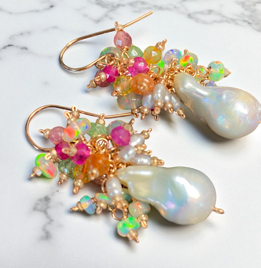 White Flameball Pearl Multicolor Gemstone Cluster Earrings Rose Gold Fill