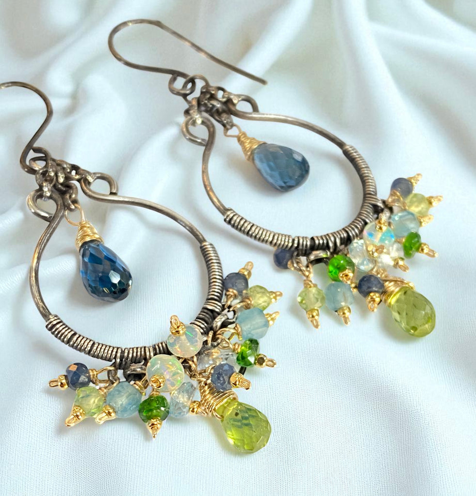 London Blue Topaz, Peridot, Oxidized Silver Hoop Chandelier Earrings Mixed Metal