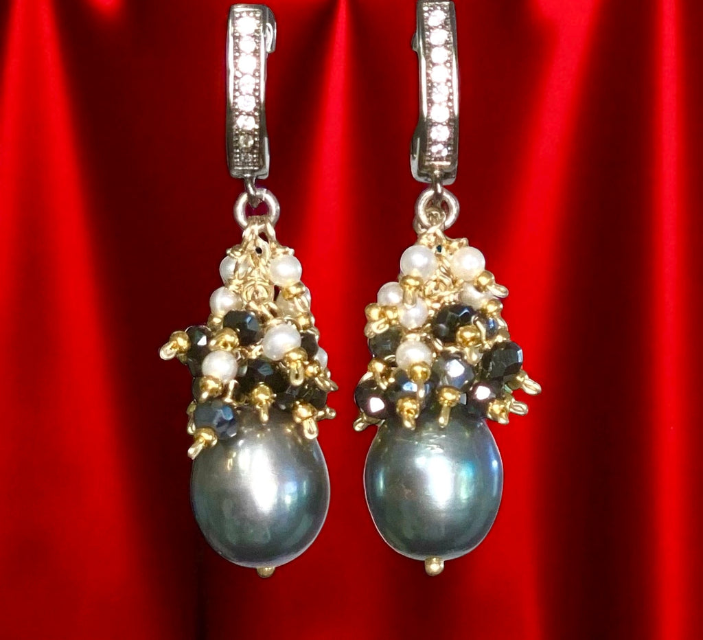 Black Pearl Earrings with White Pearl and Black Spinel Clusters Lever Back