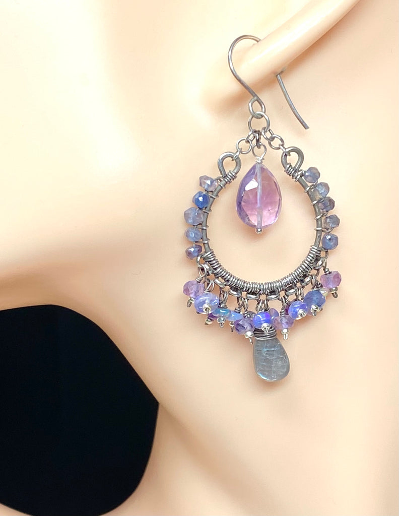 Blue Violet Chandelier Hoop Earrings Oxidized Silver — Iolite Labradorite Amethyst Ethiopian Opal - Doolittle
