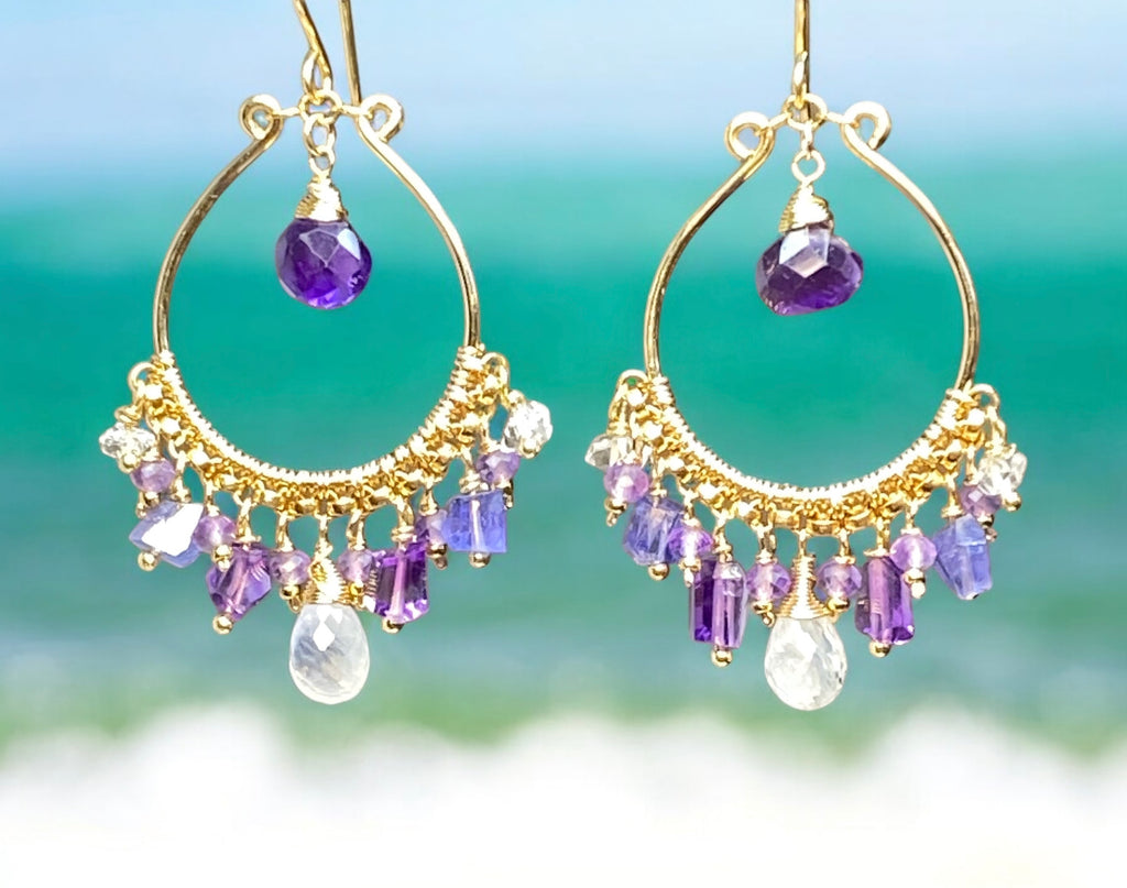 Blue Violet Purple Gold Fill Hoop Chandelier Earrings with Moonstone