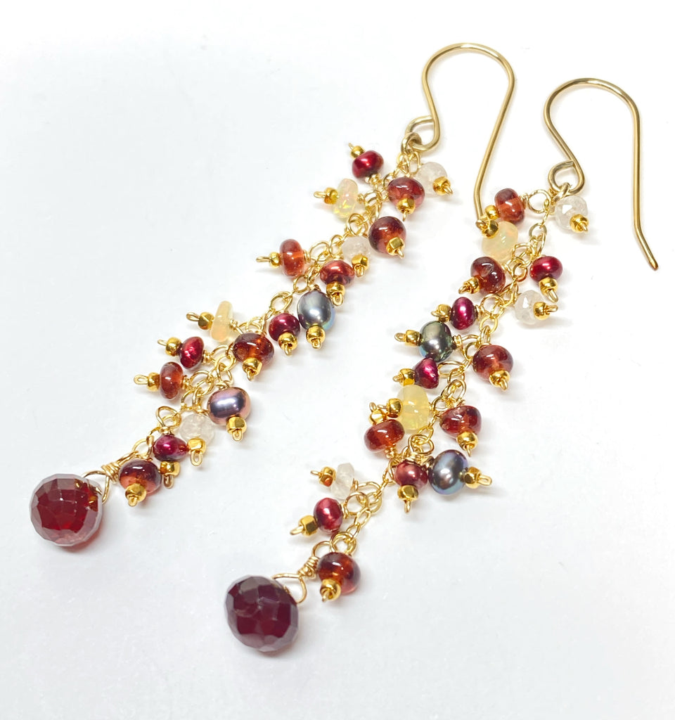 Red Garnet Cranberry Pearl and Opal Long Dangle Earring, Gold