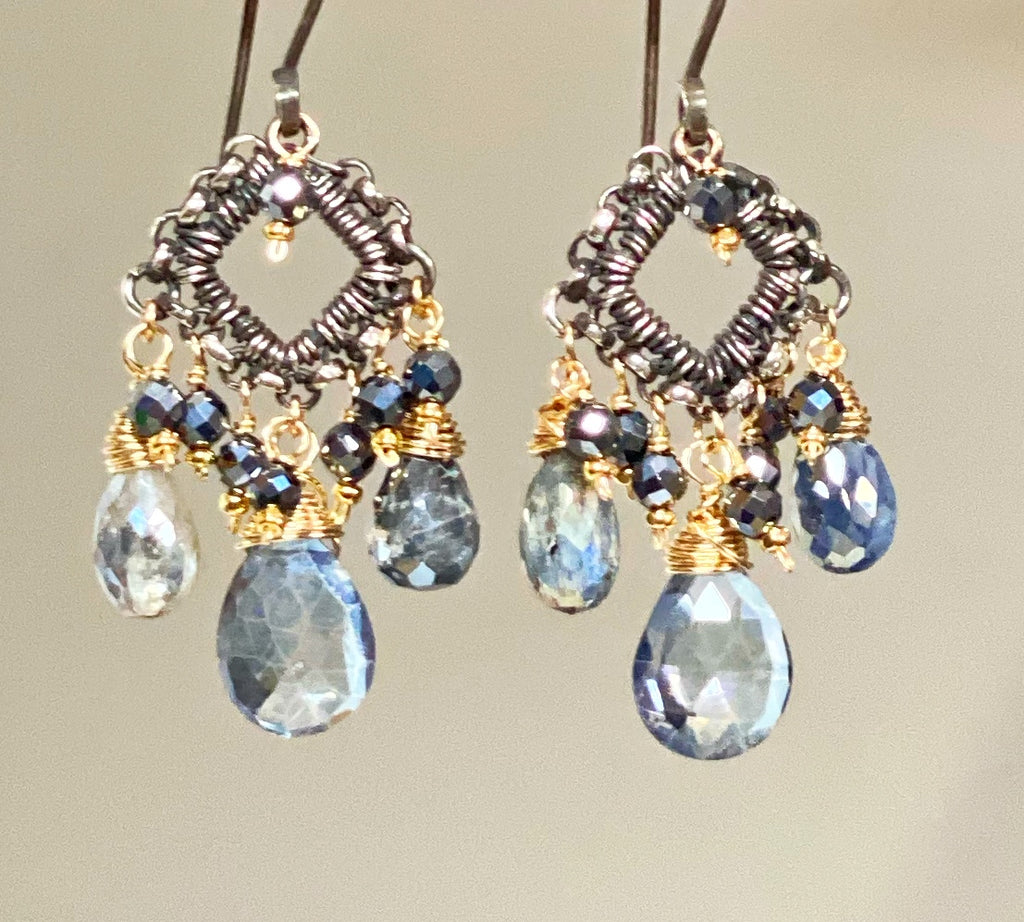 Mystic Blue Quartz Mixed Metal Chandelier Earrings