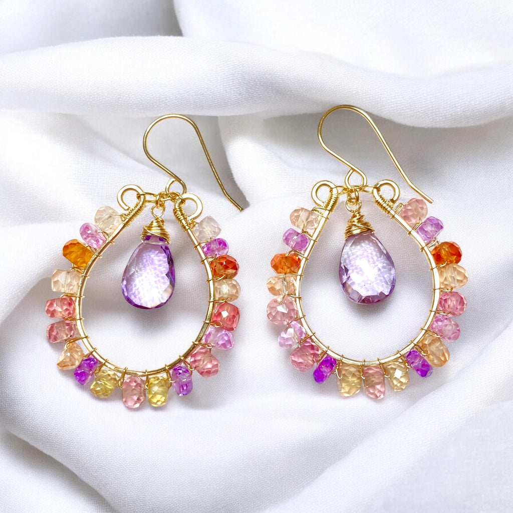 Colorful Gemstone Hoop Earrings:  Padparadscha Sapphire, Amethyst Quartz, Gold Fill, Statement Earrings - Doolittle