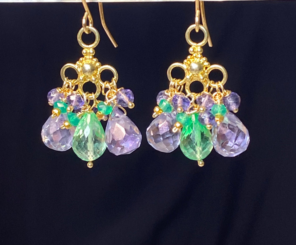 Green Blue Chandelier Earrings with Green Topaz