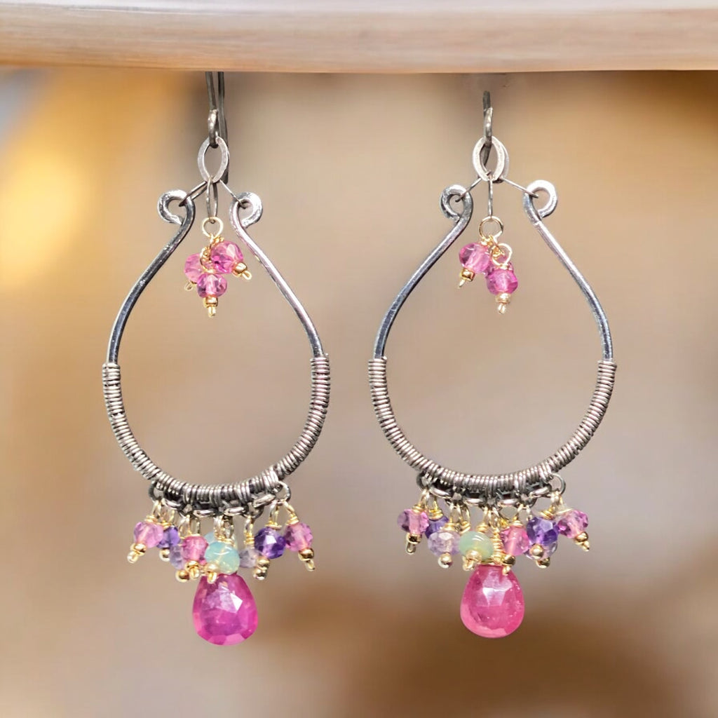 Oxidized Silver Hoop Chandelier Earrings, Pink Sapphire, Mixed Metals