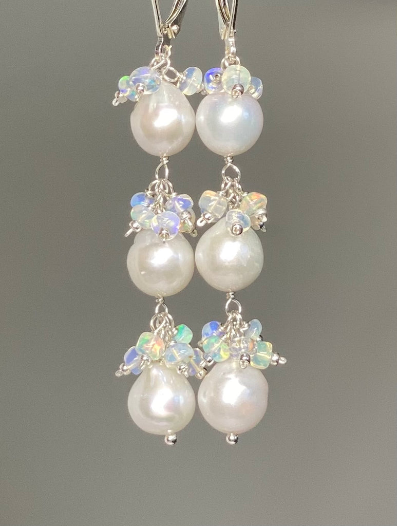 Pearl and Ethiopian Opal Long Dangle Earrings Sterling Silver