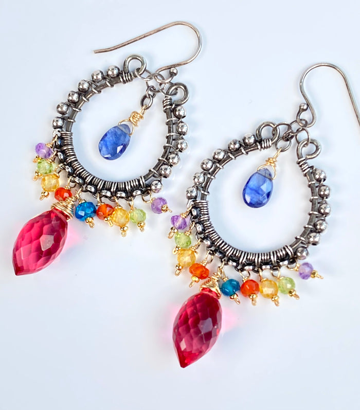 Chandelier Hoop Earrings, Multicolor Gemstone, Oxidized Sterling Silver, Handmade - Doolittle
