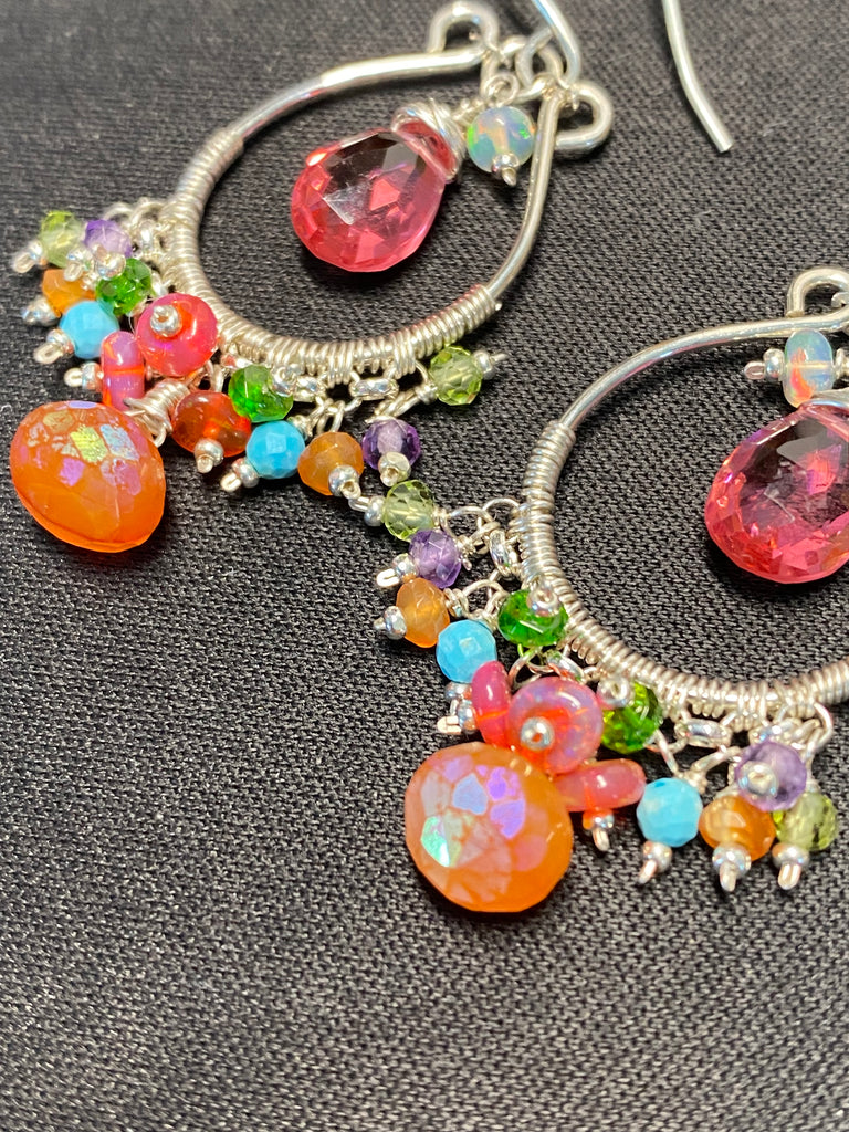 Pink, Orange, Multi Gemstone Sterling Silver Hoop Chandelier Earrings