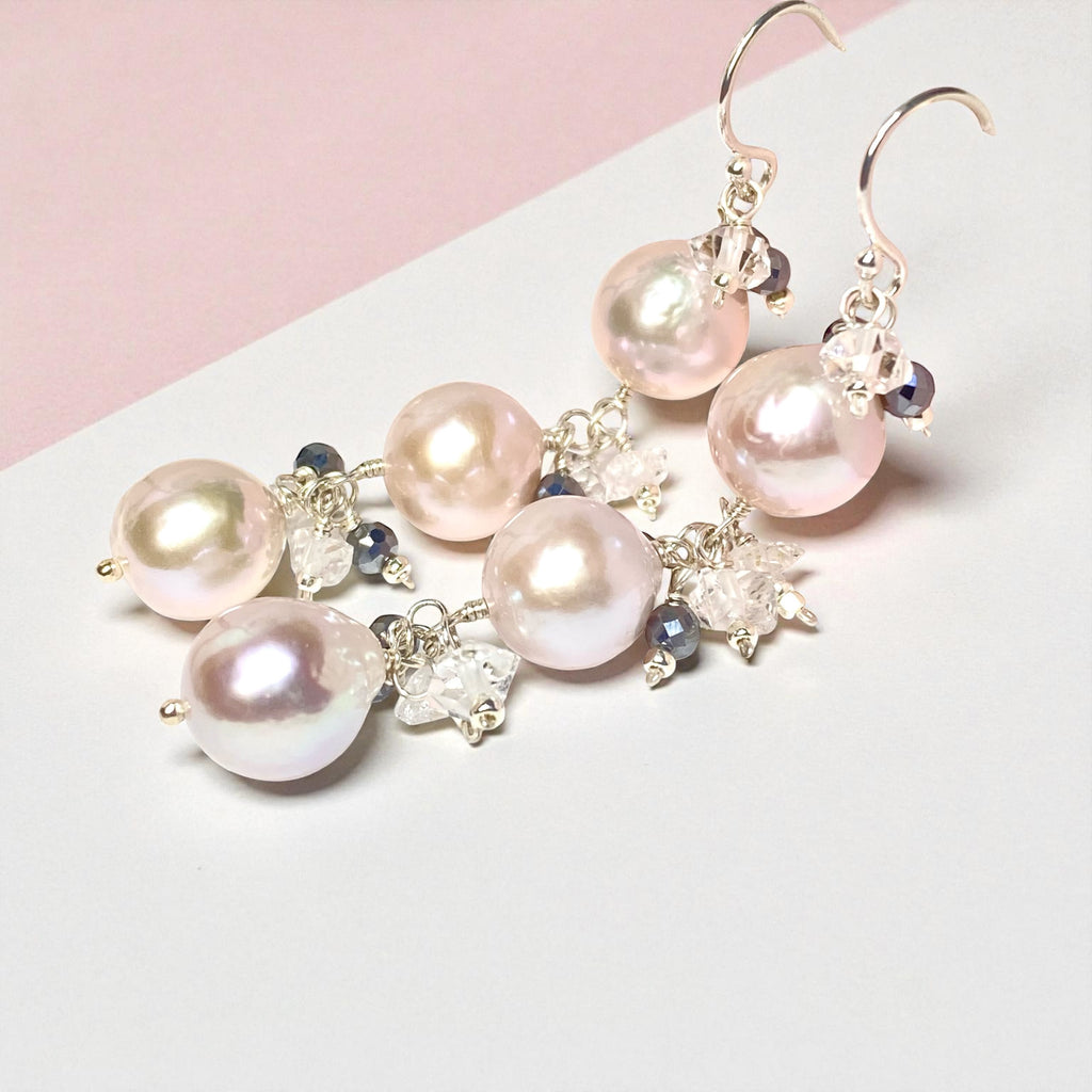 Long Blush Pearl Earrings with Sparkly Gems, Sterling Silver
