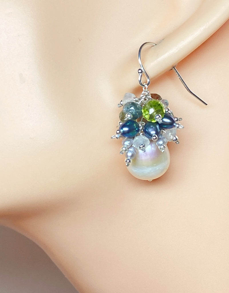 Moss Aquamarine and Pearl Cluster Earrings, Sterling Silver