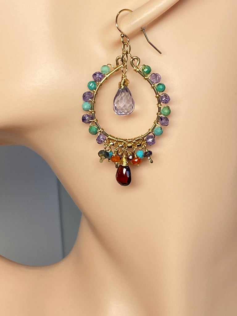 Gold Hoop Chandelier Earrings Iolite, Turquoise, Garnet, Opal