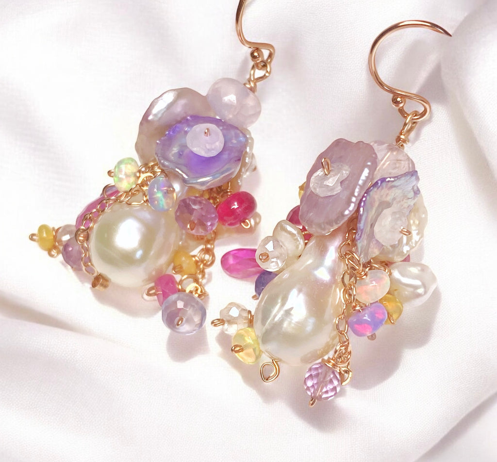 Flameball Pearl and Multicolor Gemstone Chain Dangle Earrings Rose Gold