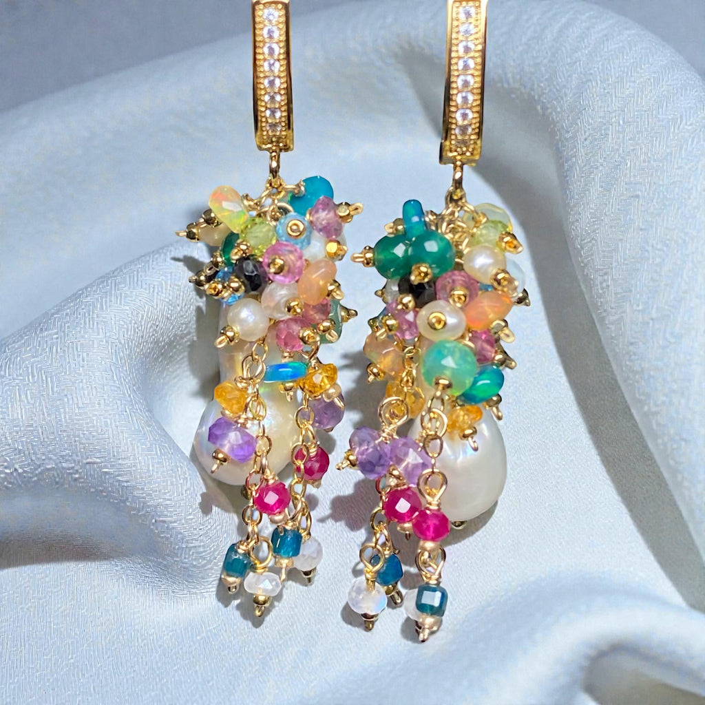 Baroque Flameball Earrings Multi Gemstone Cluster, Gold fill
