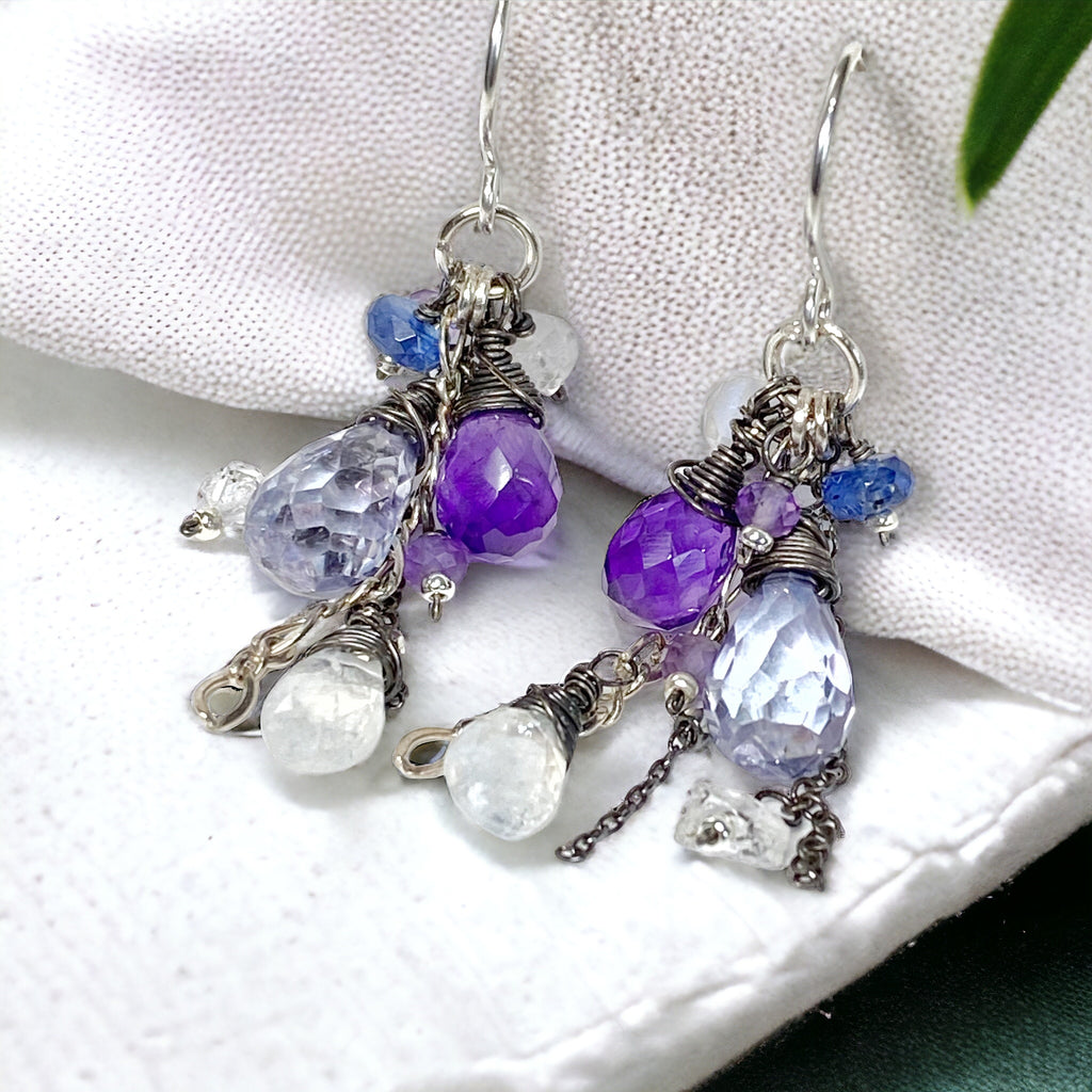 Blue Violet Boho Dangle Earrings Amethyst, Blue Denim Quartz, Oxidized Sterling Silver