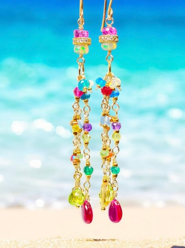 Multi Gemstone Gold Fill Long Dangle Earrings with Peridot, Citrine, Rubellite