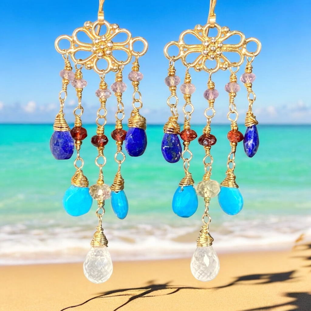Turquoise, Blue Lapis, Moonstone and Garnet Chandelier Earring - Doolittle