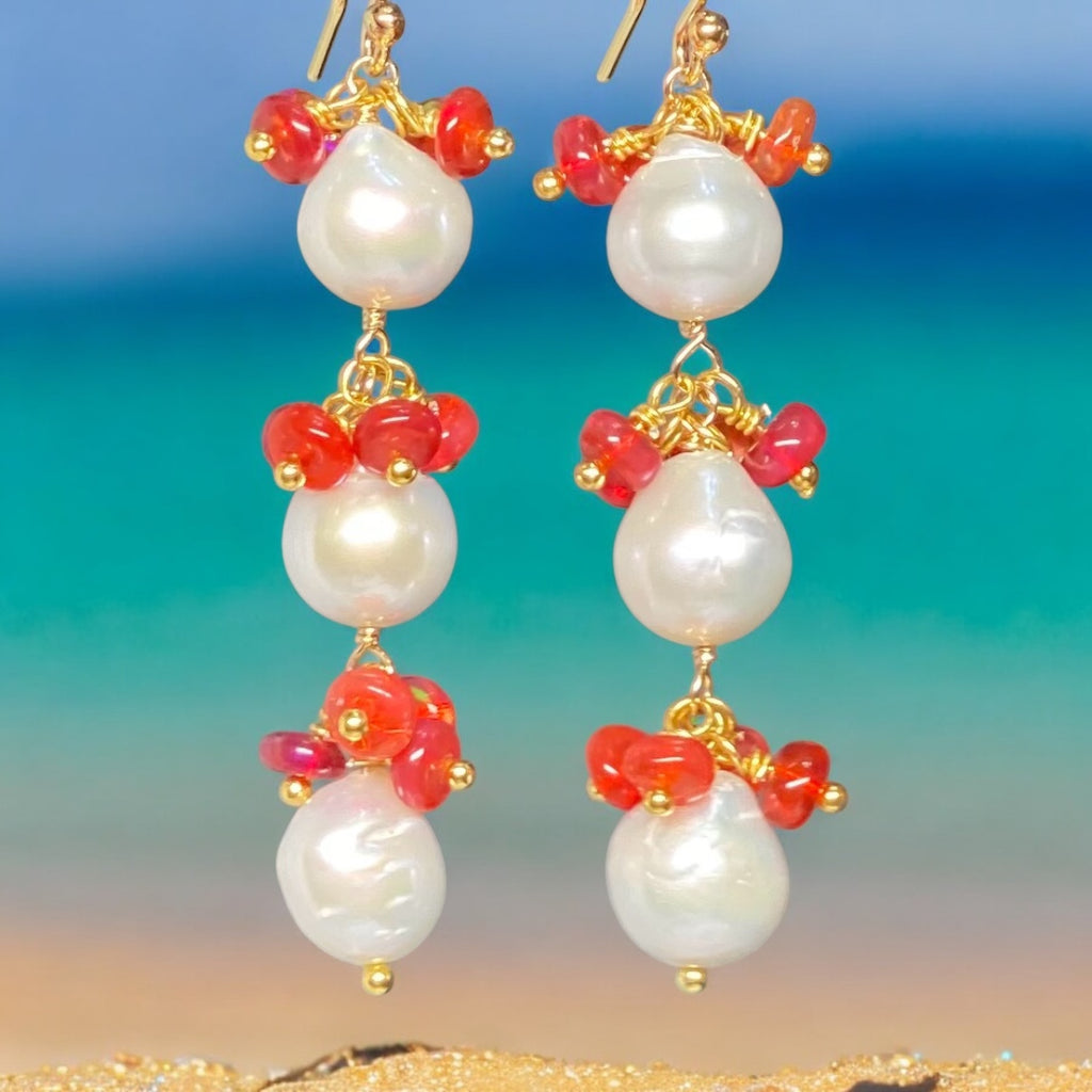 Pearl and Red Ethiopian Opal Long Dangle Earrings Gold