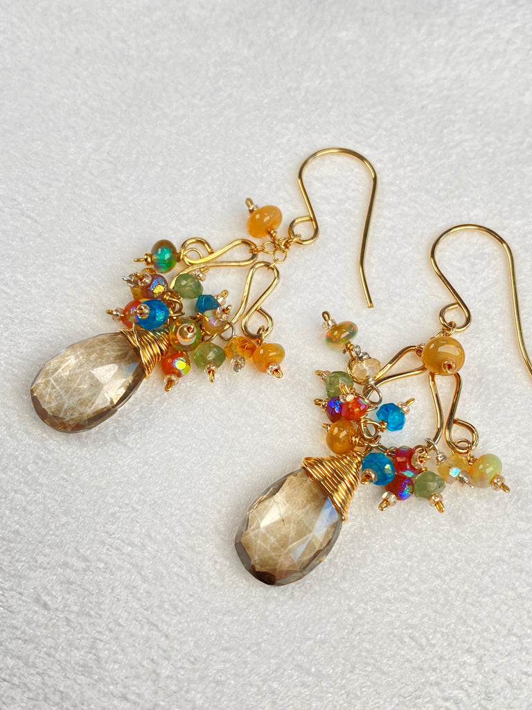 Mystic Smokey Quartz, Colorful Gemstones, Chandelier Earrings, 14k Gold Fill