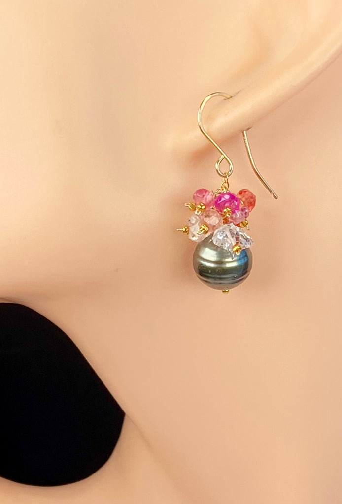 Tahitian Pearl Cluster Earrings with Padparadscha Sapphire & Herkimer Diamond Quartz, Gold Fill