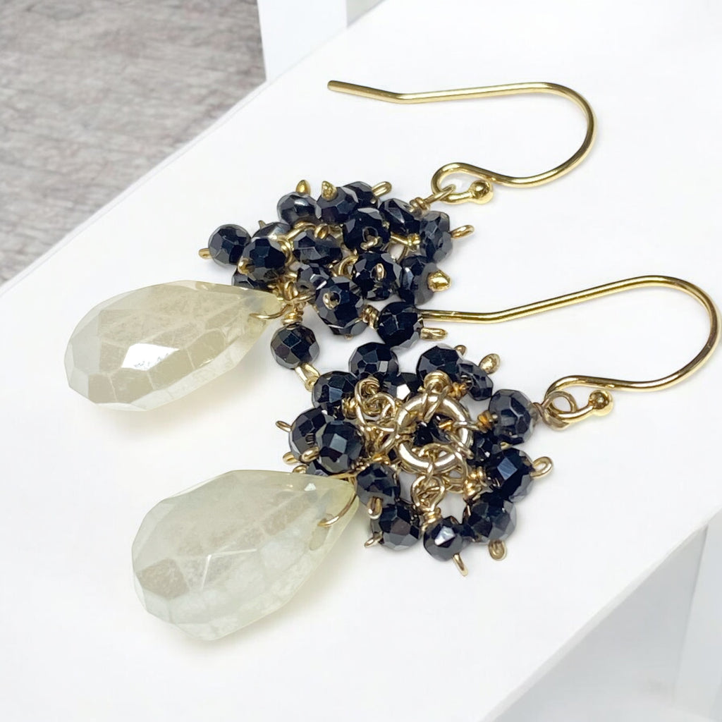 Mystic Ivory Chalcedony, Black Spinel Cluster Earrings Gold Fill