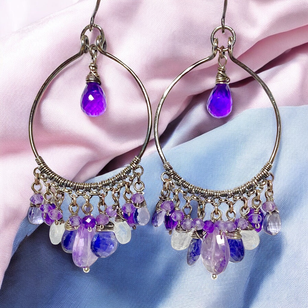 Blue Purple Gemstone Chandelier Hoop Earrings Oxidized Silver 3