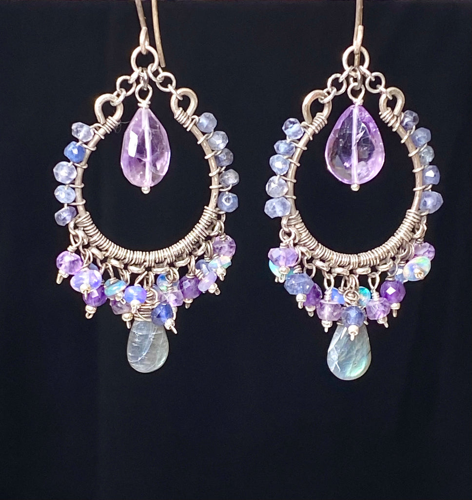 Blue Violet Chandelier Hoop Earrings Oxidized Silver — Iolite Labradorite Amethyst Ethiopian Opal - Doolittle