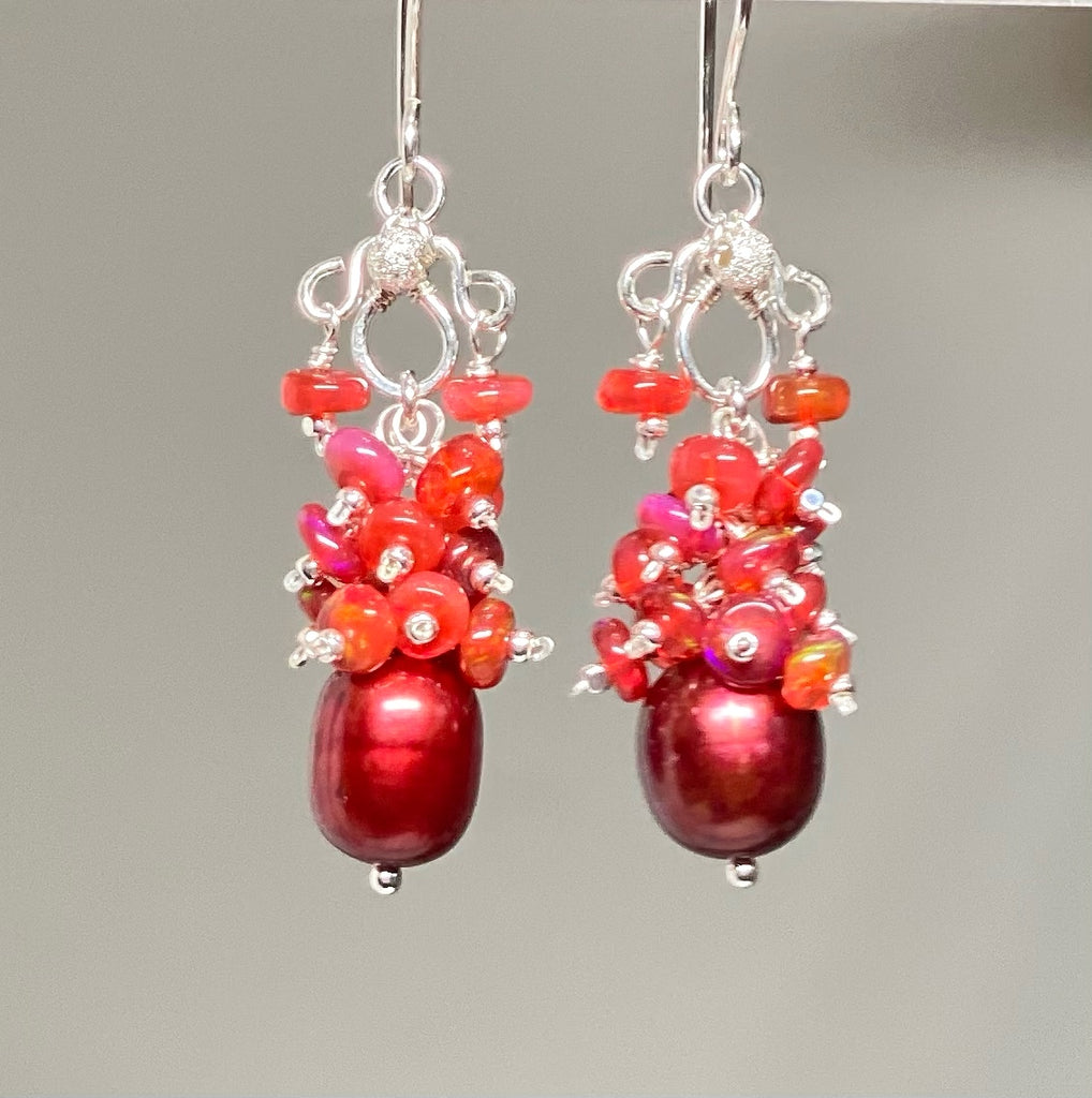 Red Pearl Opal Cluster Earrings in Sterling Silver