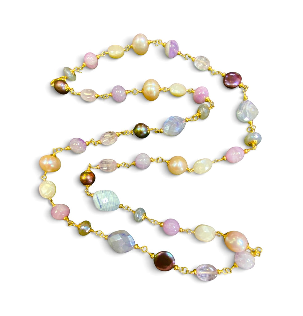 Long Multicolor Gem Stone Necklace Gold, Kunzite, Blue Sapphire, Moonstone, Pearl