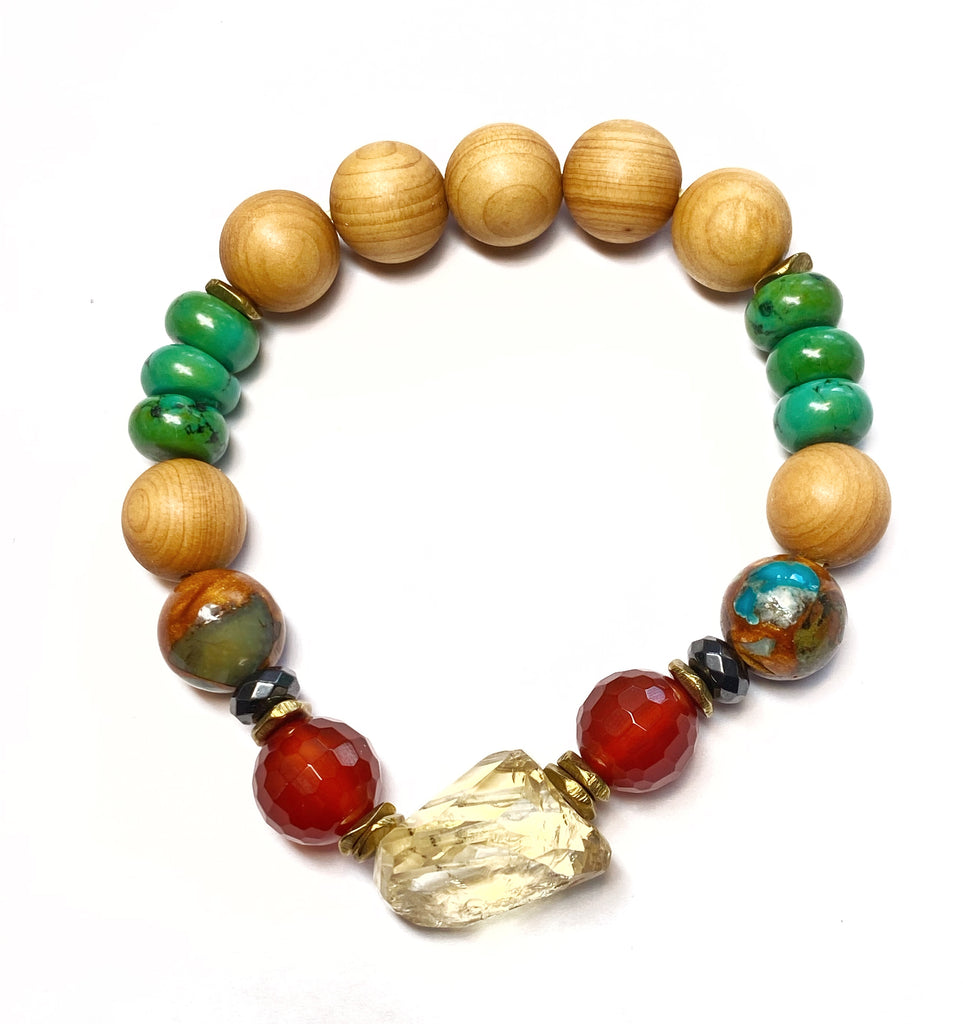 Colorful Beaded Stretch Bracelets Stack Set of 3 Sandalwood, Turquoise, Citrine