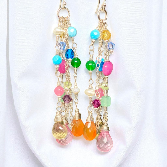 Multicolor Gemstone Dangle Earrings Sterling Silver - Pink, Orange, Yellow