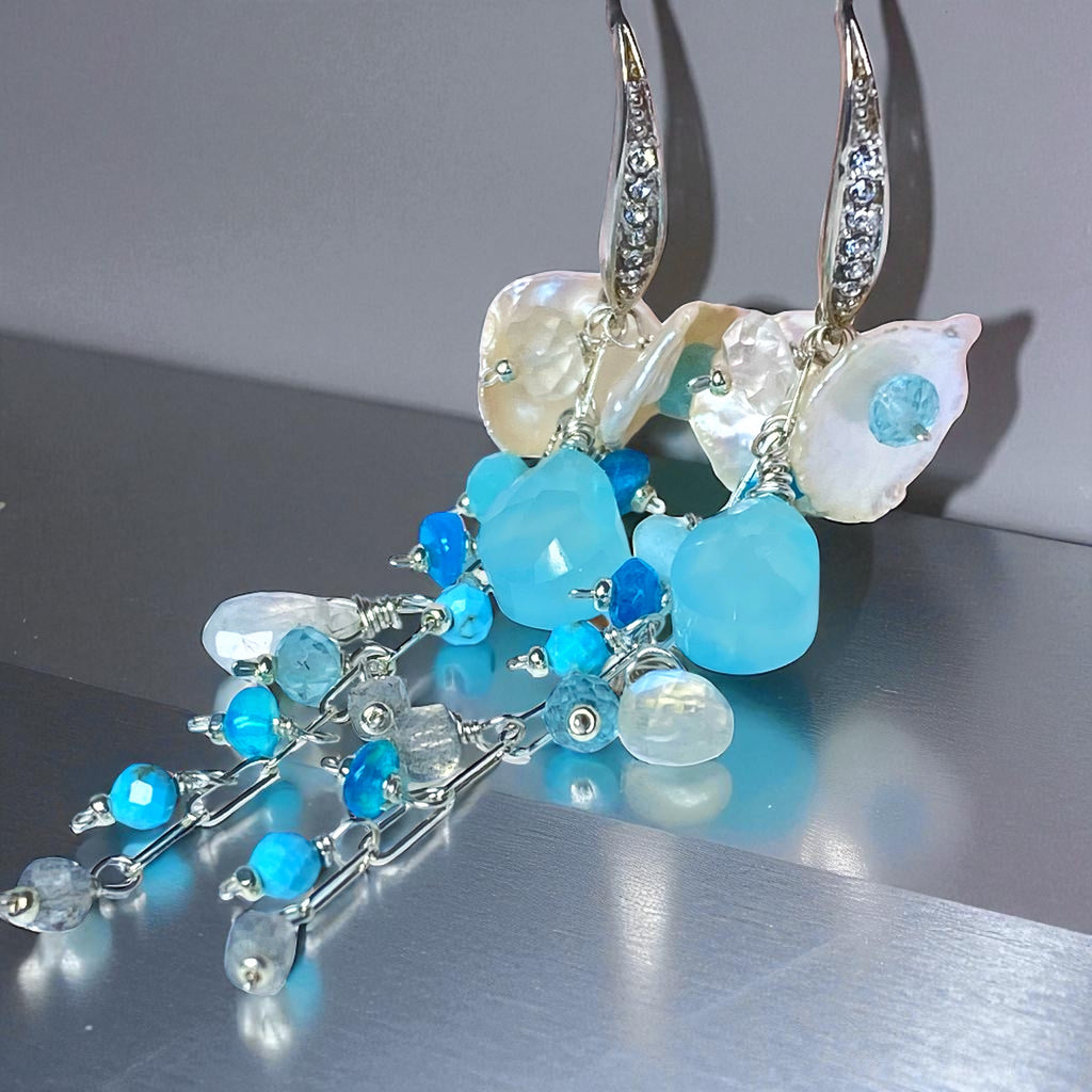 Aqua Chalcedony, White Keishi Pearl, Sterling Silver Long Dangle Earrings