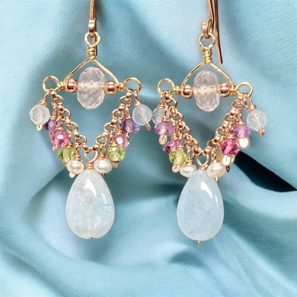 Blue Aquamarine, Rose Quartz, Rose Gold Petite Chandelier Earrings