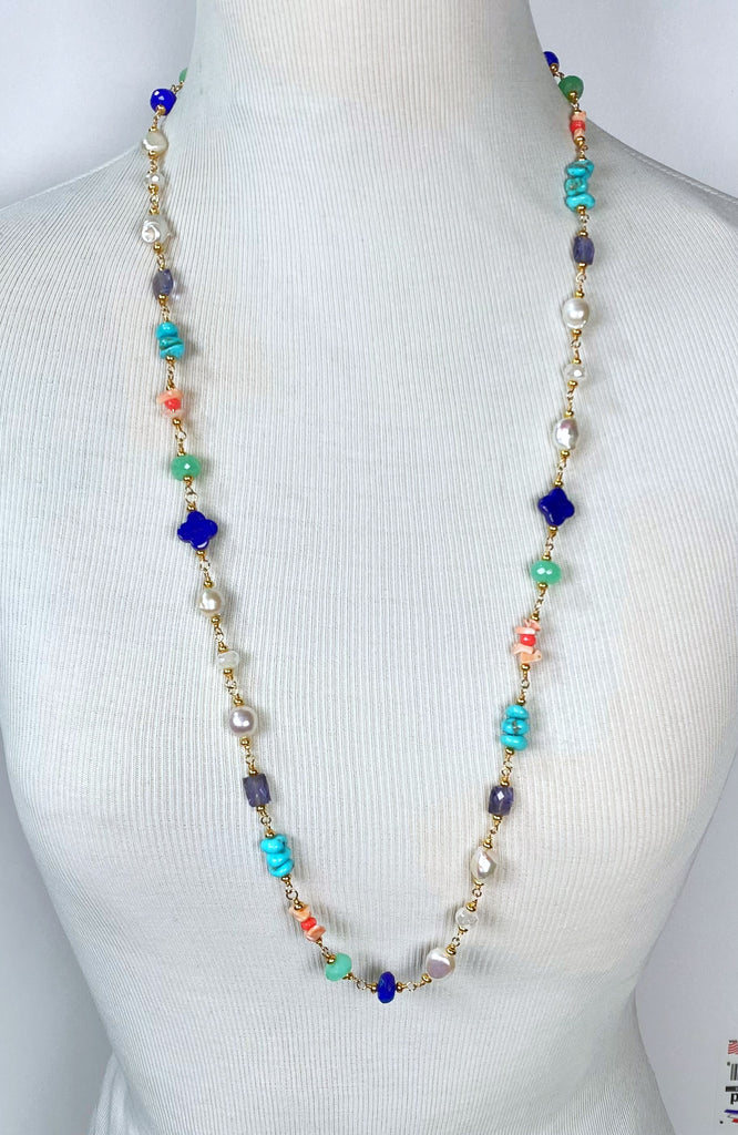 Multi Gemstone Pearl Long Gold Necklace Coral Lapis Chrysoprase