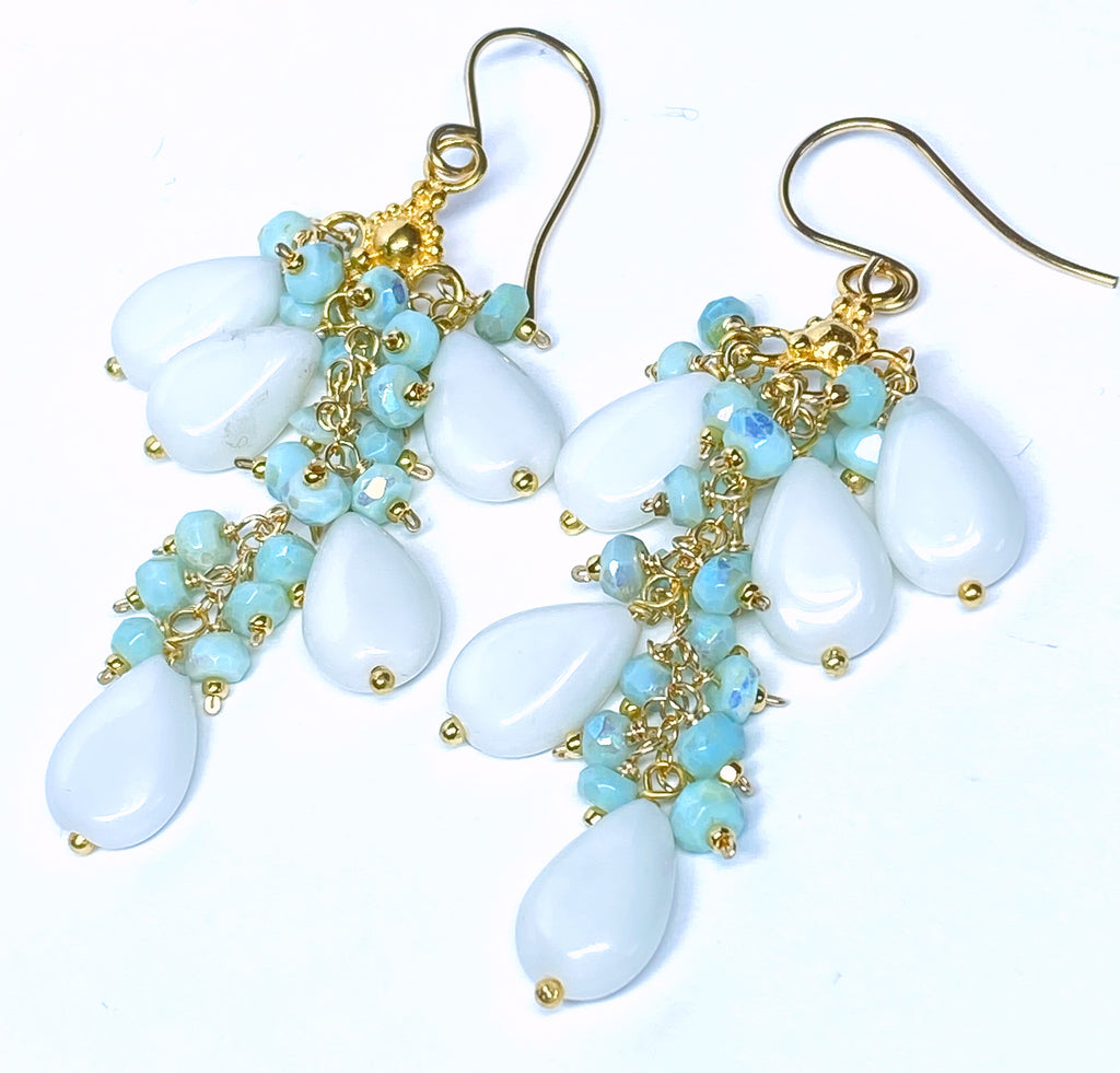 White and Aqua Mystic Peruvian Opal Long Gem Dangle Chandelier Earrings