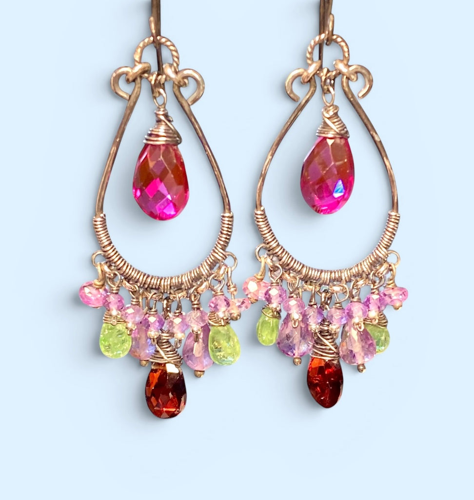 Multicolor Gemstone Statement Chandelier Earrings Oxidized Sterling Silver Amethyst Tsavorite Garnet - Doolittle