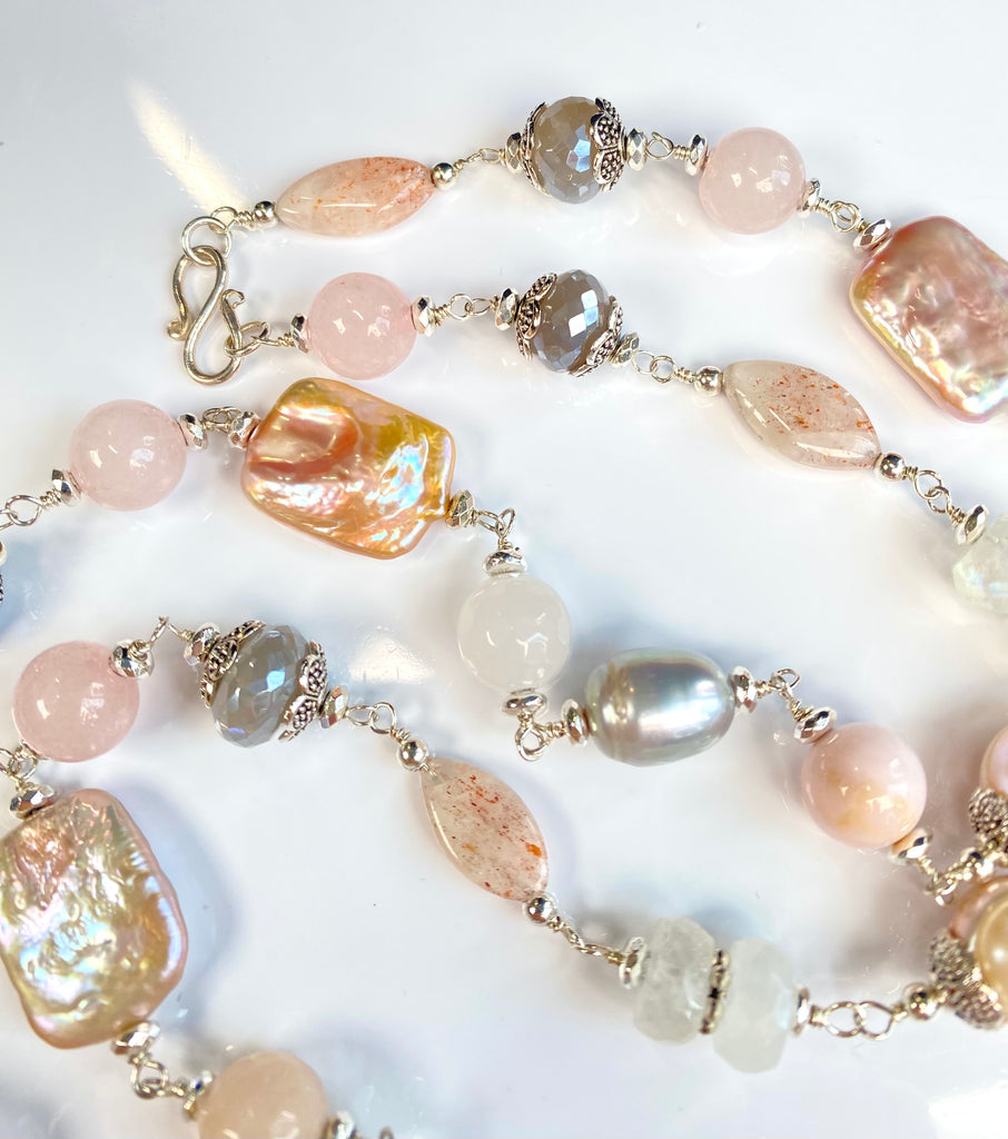 Blush Pink Baroque and Silver Pearl Long Sautoir Necklace — Rainbow and Grey Mystic Moonstone Rose Quartz