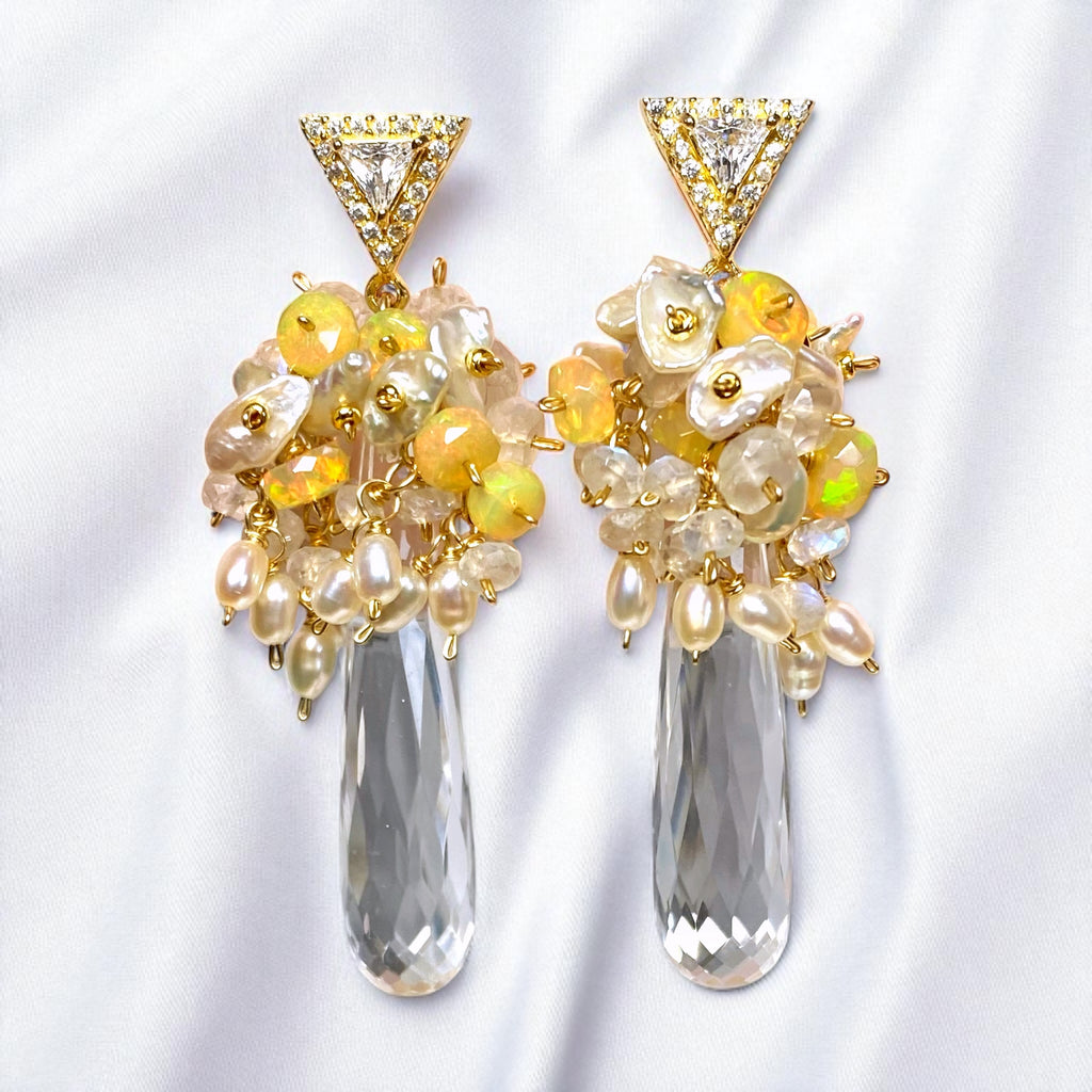 Crystal Quartz Opal and Moonstone Cluster Earrings Gold Post