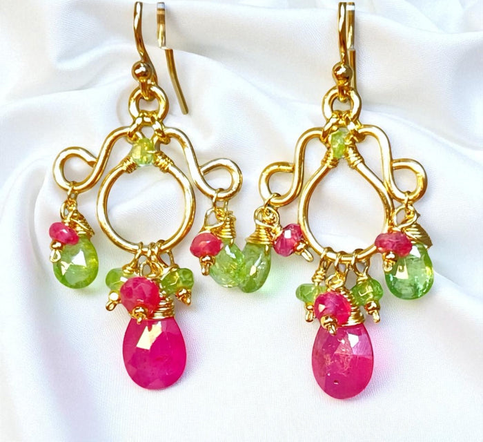 Tsavorite Garnet, Pink Sapphire Gold Fill Chandelier Earrings - Pink, Green Gemstones