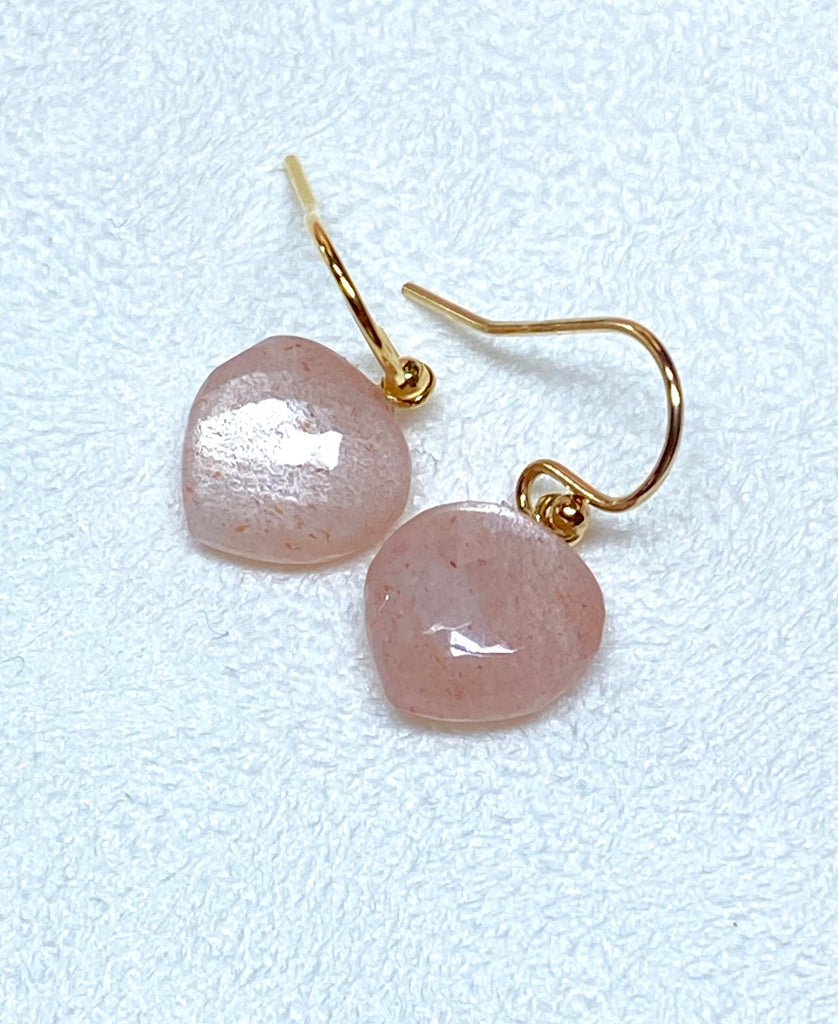 Silver Pink Moonstone Gemstone Heart Dangle Earrings 14k Gold Fill