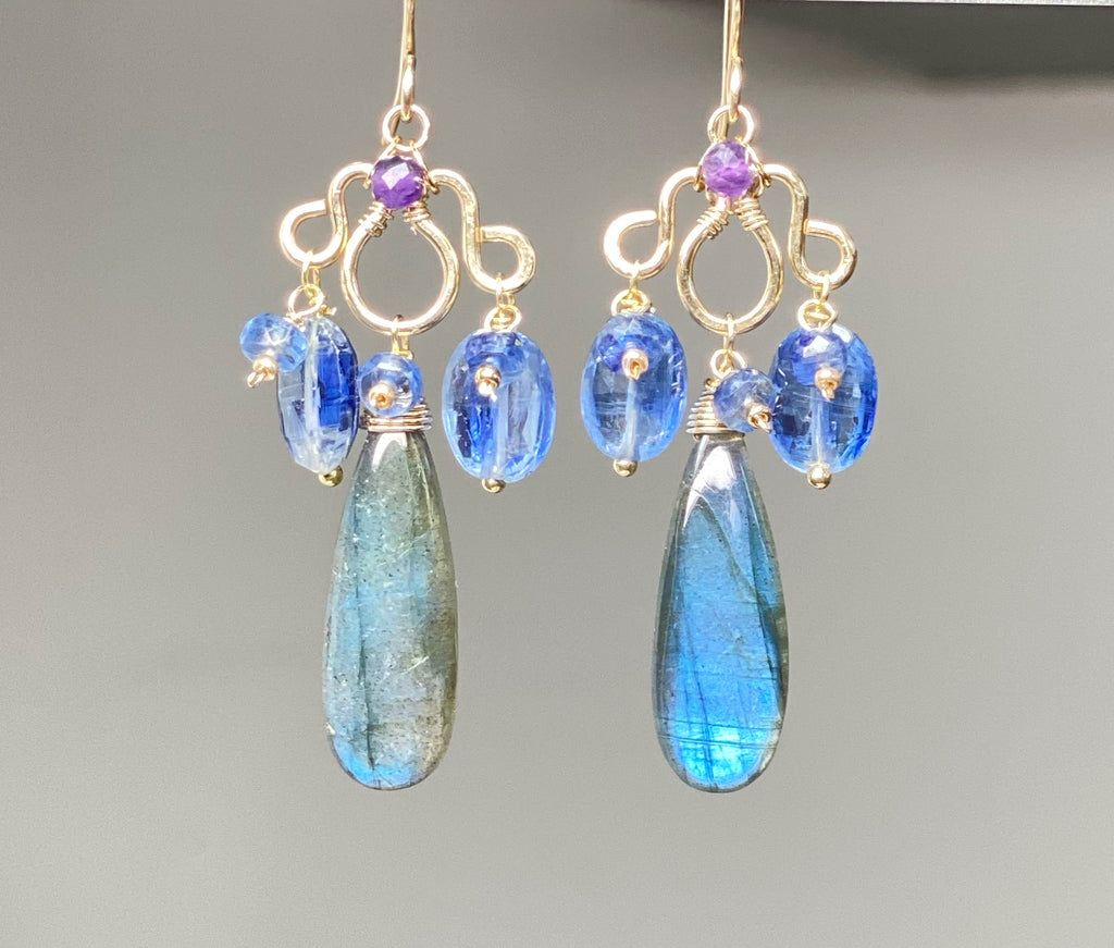 Blue Labradorite Statement Chandelier Earrings in Gold Fill with Kyanite