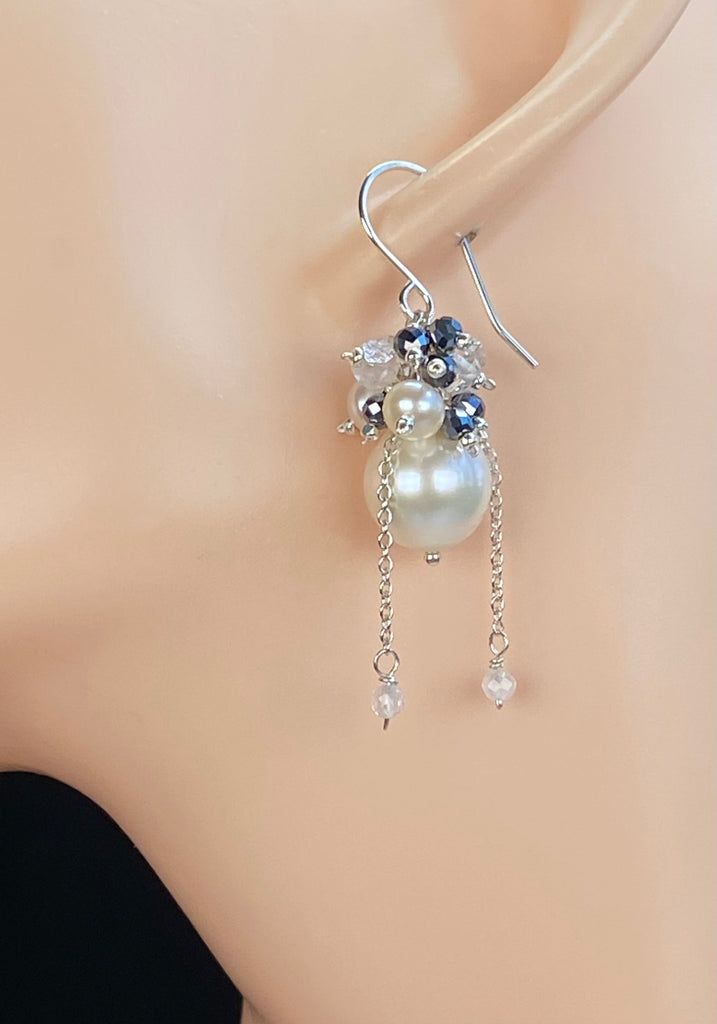 Ivory Pearl Cluster Earrings with Moonstone, Mystic Quartz & Herkimer Diamond